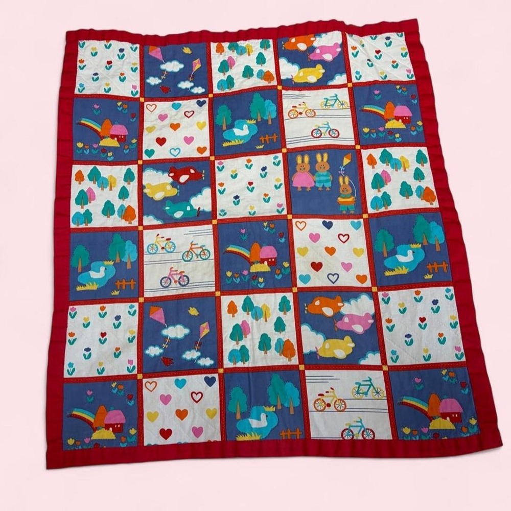Handmade Vintage Style Patchwork Baby Quilt Red Multi Animal Rainbow 33x30